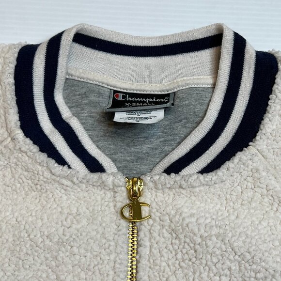 Champion Womens Sherpa Fleece Varsity Bomber Zip Jacket Cream Navy Stripe XS - Picture 5 of 11